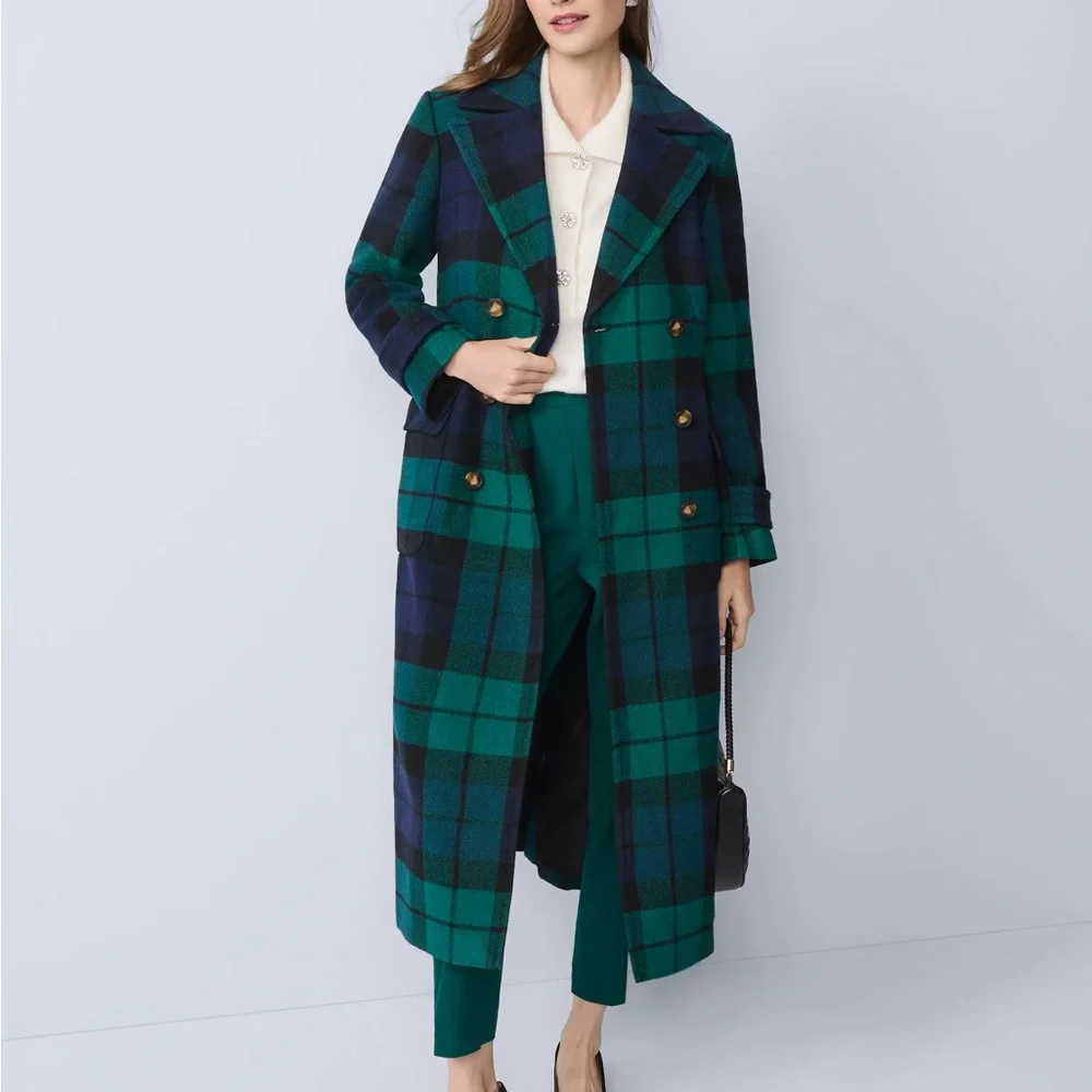 Ann Taylor Teal and Navy Plaid Coat - Picture 1 of 6